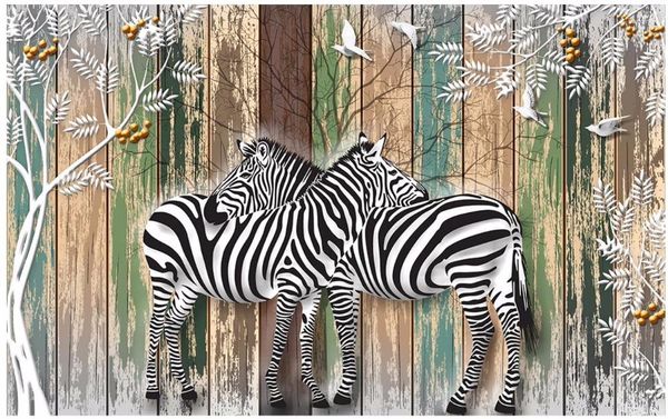 Sfondi Carta da parati 3D personalizzata per pareti Carta da parati 3D Woods Zebra Wood Planks Sfondo TV Soggiorno di carta