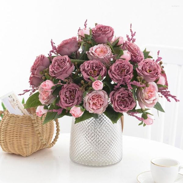 Fleurs décoratives Assez sans entretien Décor de mariage aux couleurs vives Faux bouquet de pivoine Unfading Artificielle Fleur Articles de fête