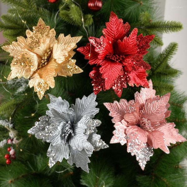 Dekorative Blumen 20/25 cm Glitter Weihnachten Weihnachtsstern Weihnachtsbaum Dekoration Pailletten Tuch Blumenköpfe Für Zuhause Navidad Jahr Ornament