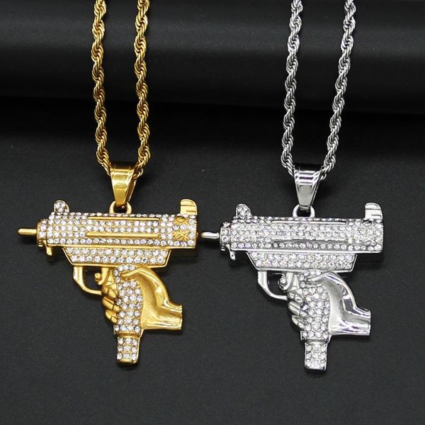Colares Cool Hip Hop Uzi Gun Forma Pingente Colar Masculino Ouro Prata Cor Iced Out Chains para Homens Bling Jóias Estilo Exército