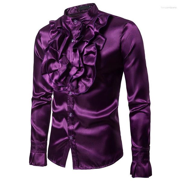 Camicie eleganti da uomo Completo da uomo Costume da esibizione maschile Colletto alla coreana Camicia sociale da uomo Camicia sociale per ragazzi Decorazione floreale viola