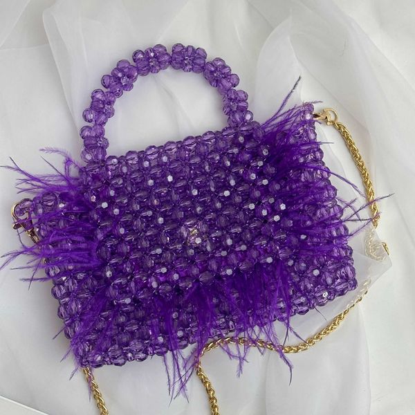 Borsa a catena con perline fatta a mano patchwork di piume viola per borsa da banchetto moda donna borsa a tracolla rifinita con perline 230625
