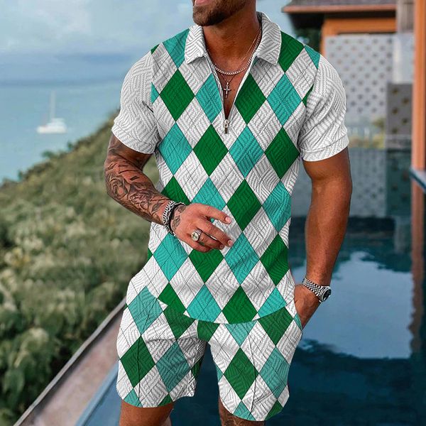 Agasalhos masculinos de verão, roupas esportivas masculinas, camisa polo xadrez estampada curta, design de moda, manga, zíper, camisa polo, terno de férias, 2 peças 230621