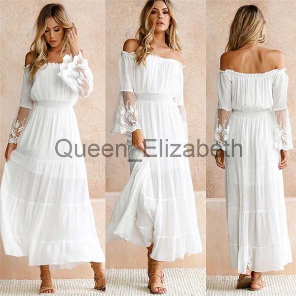 Abiti casual Donna senza spalline a maniche lunghe Vestito estivo da spiaggia bianco da donna Estate allentato Sexy con spalle scoperte in pizzo Boho Maxi Dress Feme J230625