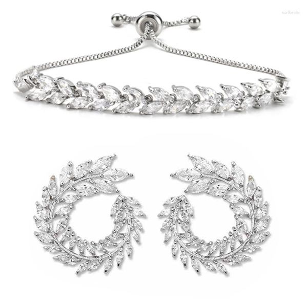 Halskette Ohrringe Set Luxus Weiß Olivenzweig Zirkon Hochzeit Frauen mit Big Leaf Mode verstellbares Armband und Sets Atacado