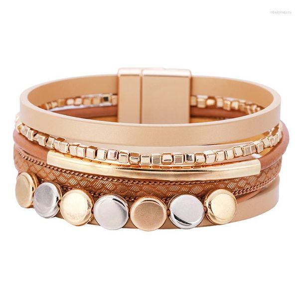 Pulseira Boho Multicamadas de Couro Wrap Bracelets Para Mulheres Masculinas Punk Ouro Cobre Tubo de Cobre Fecho Magnético Pulseira Jóias