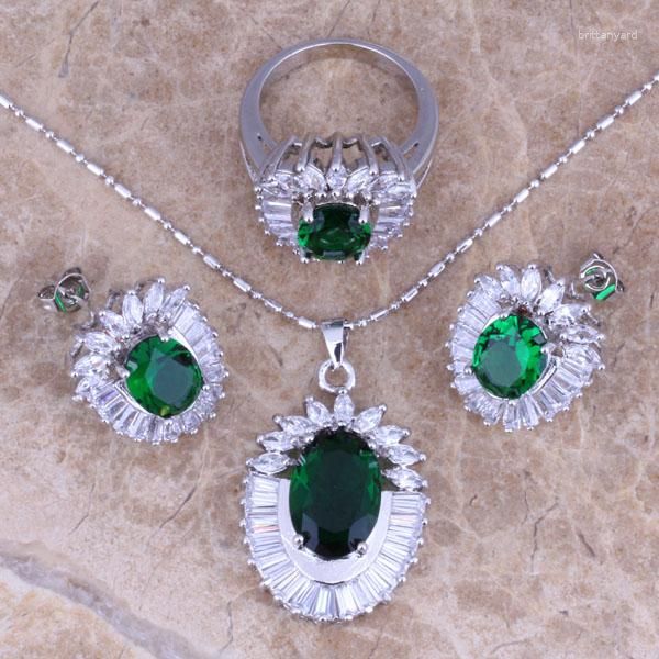 Collana Orecchini Set Gallant Green Cubic Zirconia White CZ Anello pendente placcato argento Taglia 6/7 8 9 S0406