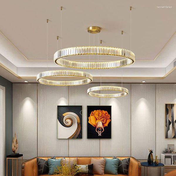 Kolye lambaları Villa merdiven için modern lüks kristal LED lamba Dimmable Paslanmaz Çelik Altın/Gümüş Avize Asma Işıklar Armatürler