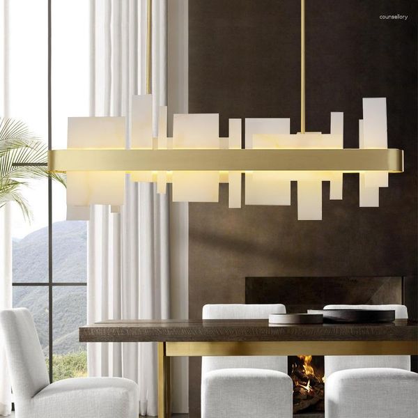 Lampade a sospensione Postmodern Light Luxury Rettangolare Sala da pranzo Lampadario Ottone Acrilico Bancone bar creativo Living