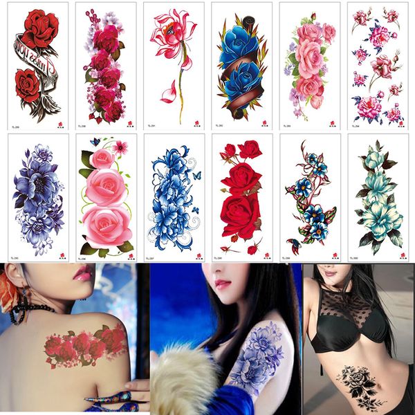 Tatuaggi temporanei 100 pezzi manica all'ingrosso donna ragazza bellezza corpo braccio arte nero fiore rosa glitter autoadesivo del tatuaggio impermeabile 230621