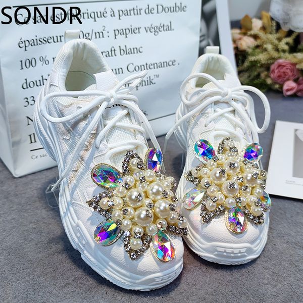 Womens Mesh Beads Strass Sneakers White Lace Up Platform High Heel Shoes Girls DIY X-mas Gift New 2023