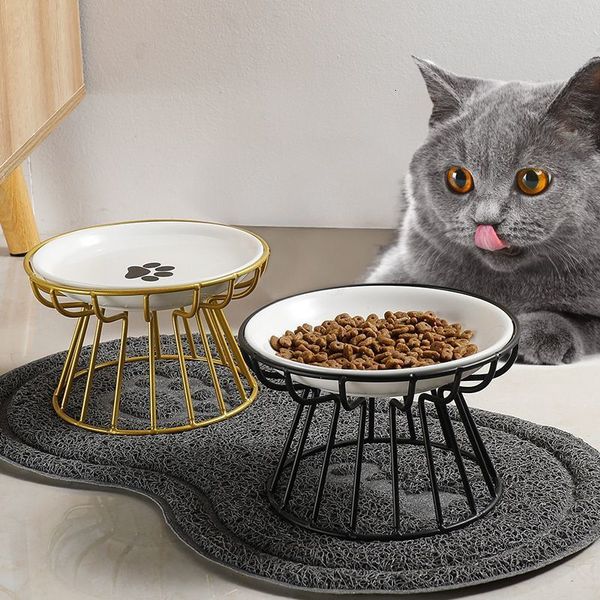 Tigelas para gatos Alimentadores Ulmpp Tigela para elevação de gatos com suporte de metal Pet Ceramic Food Snacks Feeder Elevado Alimentador Kitten Puppy Dish Dog Supplies Accessories 230625