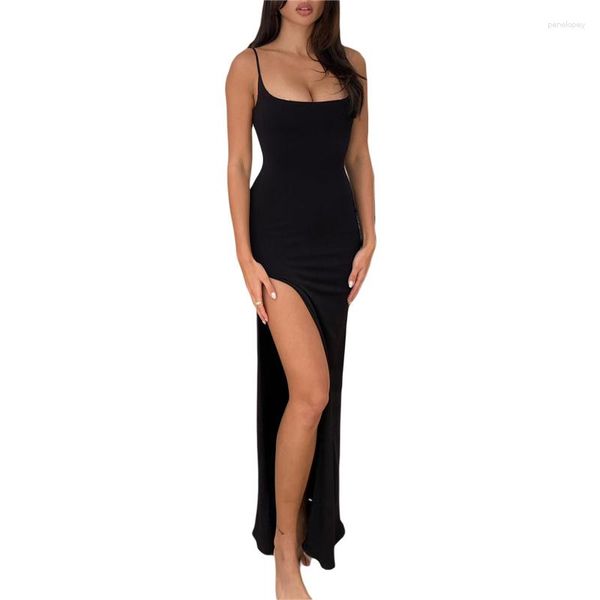 Vestidos Casuais Xingqing Preto Vestido Longo Y2k Feminino Alça Espaguete Sem Manga Sem Costas Renda Cami Slim Fit Alta Dividida Bodycon