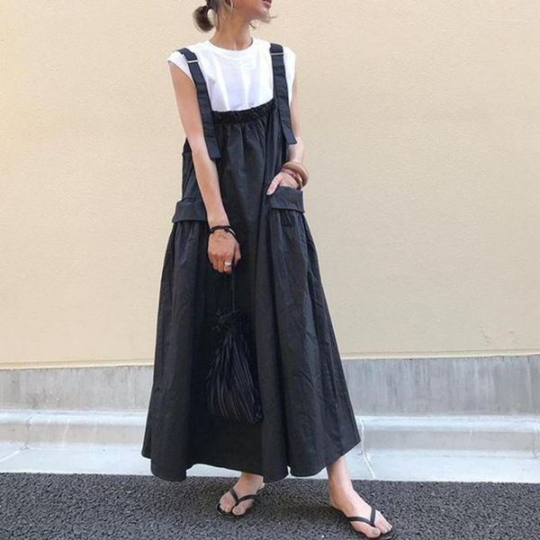 Casual Kleider 2023 Sommer Japanische Einfache Feste Farbe Hosenträger Kleid Lose Dünne Faul Stil All-match Frauen Lange
