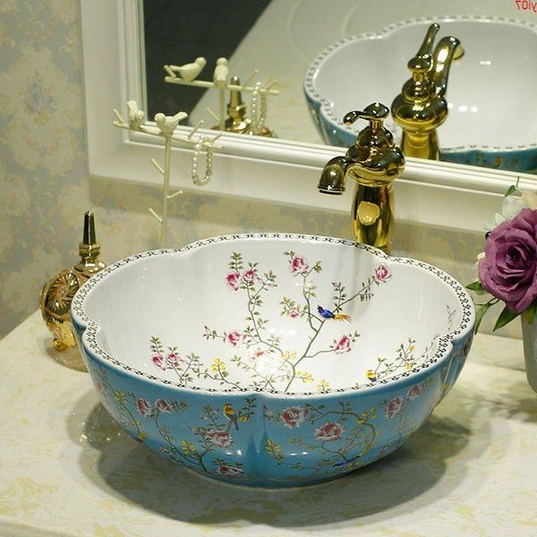 Pia de cerâmica para banheiro Jingdezhen azul e branca, lavatório de bancada, lavatório antigo, vaidade, flor, birdgood, qtd Afsfe
