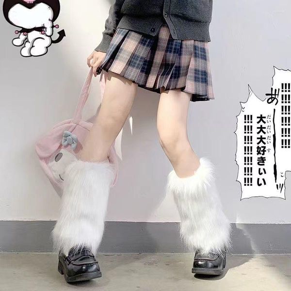 Meias femininas inverno peludo Y2K gótico fofo pele sintética meninas capas de bota Harajuku punk preto branco streetwear meia quente
