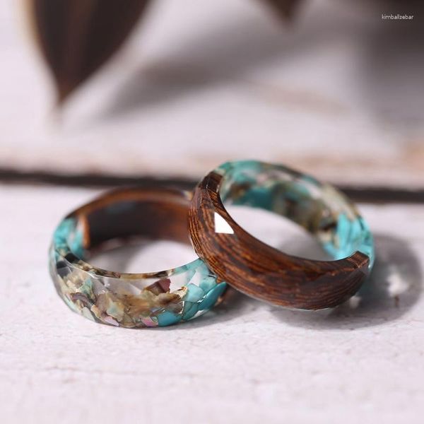 Anéis de Casamento Vintag Pedras Azuis E Madeira Transparente Resina Epóxi Dedo Redondo Para Mulheres Homens Jóias Anillos Mujer Especial