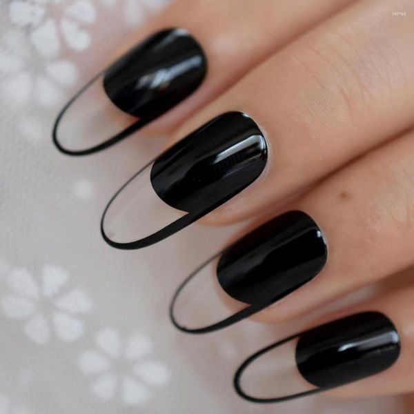 Unhas postiças Spirit Clear French Style Fake Black UV Polish Cover Unhas artificiais ovais longas brilhantes com Gluetabs 24