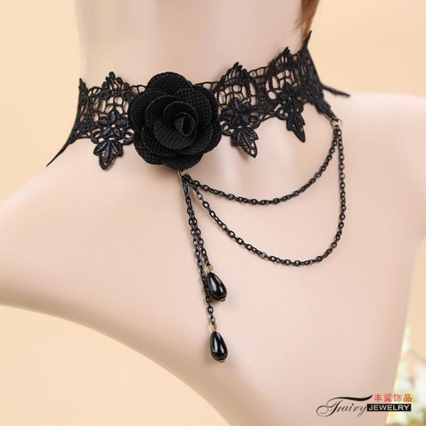 Ketten Mode Persönlichkeit Trend Gothic Retro Schwarze Perle Rose Blume Kragen Halsband Kurze Halskette Spitze Gefälschte Schmuckstücke Weibliche