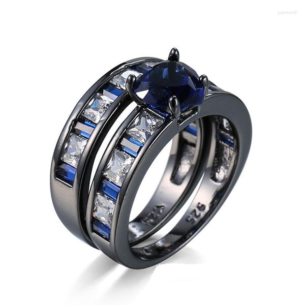 Anneaux de mariage 2023 Vintage deux noir or couleur ensembles princesse coupe bleu blanc CZ amour coeur cubique zircone bijoux pour femmes hommes