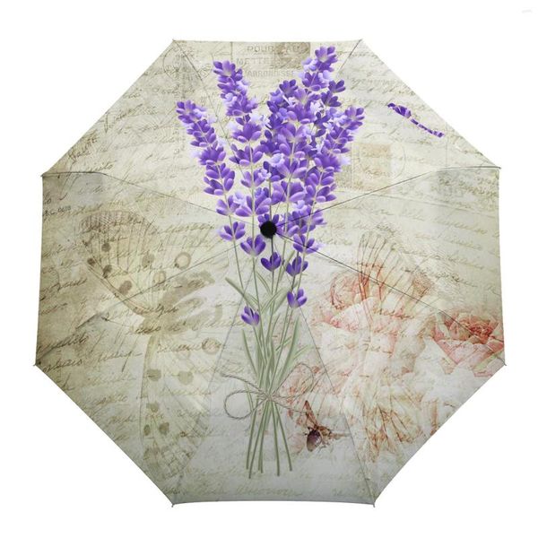 Paraguas Vintage planta lavanda flor púrpura mariposa personalizado automático para mujeres hombre paraguas de lluvia plegable a prueba de viento Parasol