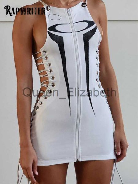 Lässige Kleider Rapwriter Racing Style Neckholder Minikleider für Frau Einzigartige seitliche Bandage Reißverschluss Mode Streetwear Moto Biker Skinny Outfits Neu J230625