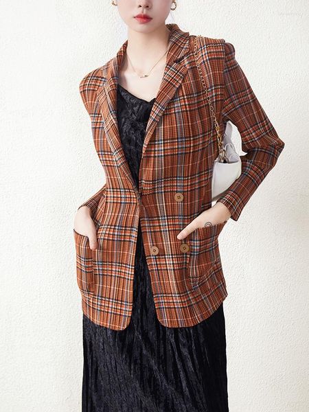 Jaquetas femininas moda outono e inverno terno solto gola xadrez casaco duplo feminino comprimento médio com cadarço plissado manga comprida