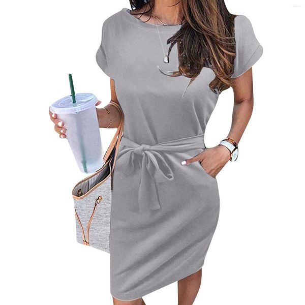 Casual Kleider Elegante Frauen T-Shirt O Hals Kurzarm Schärpen Taschen Vestidos Einfarbig Sommerkleid Damen Sommer Midi Kleid