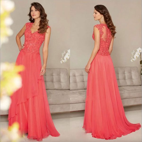 Coral Decote em V Vestidos Mãe da Noiva Lantejoulas Apliques de Renda Comprimento Todo Vestido de Casamento Linha A