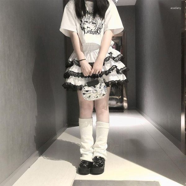 Saias Estilo Japonês Lolita Feminino Mini Branco Preto Renda Cintura Alta Sweet Sexy Bolo Saia 3 Camadas Fofo Y2K Faldas