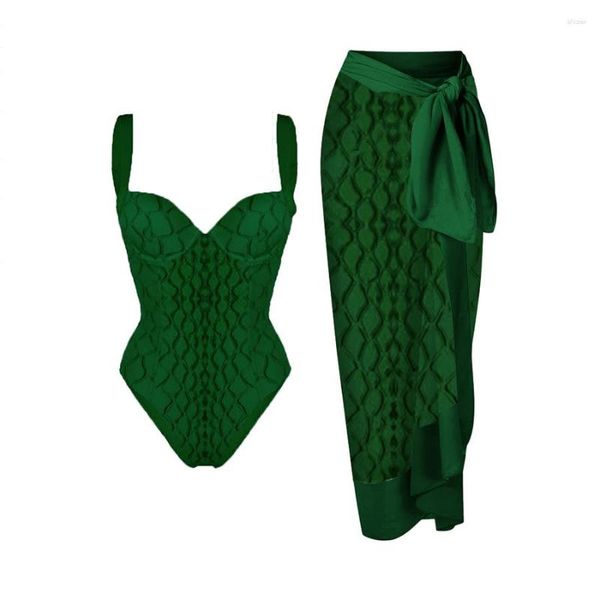 Traje de baño para mujer, traje de baño de verano sólido con estampado de textura roja y verde para mujer, conjunto de Bikini de talle alto de una pieza ajustado a la moda, pajarita