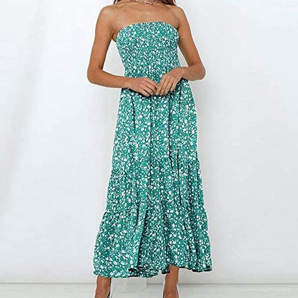 Vestidos Casuais Sexy Sem Alças Longo Boho Vestido de Verão Feminino Floral Ombro Fora Boêmio Férias Praia Festa Senhoras Roupas Ciganas