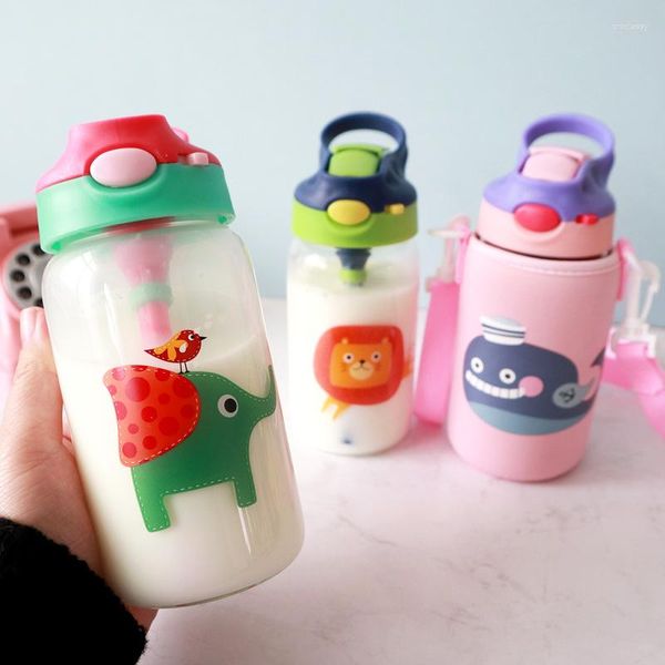 Bottiglie d'acqua Bambini Animali Bottiglia di vetro con borsa di paglia Tracolla Chiusura superiore Coperchio a prova di perdite BPA Free Gilrs Ragazzi Viaggi Escursionismo 500ml