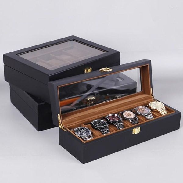 Uhrenboxen Hüllen 6/10/12 Slots Geschenkbox für Organizer Schwarz Matt PU Leder Sprühfarbe Uhren Schmuck Reise Vitrine Deli22