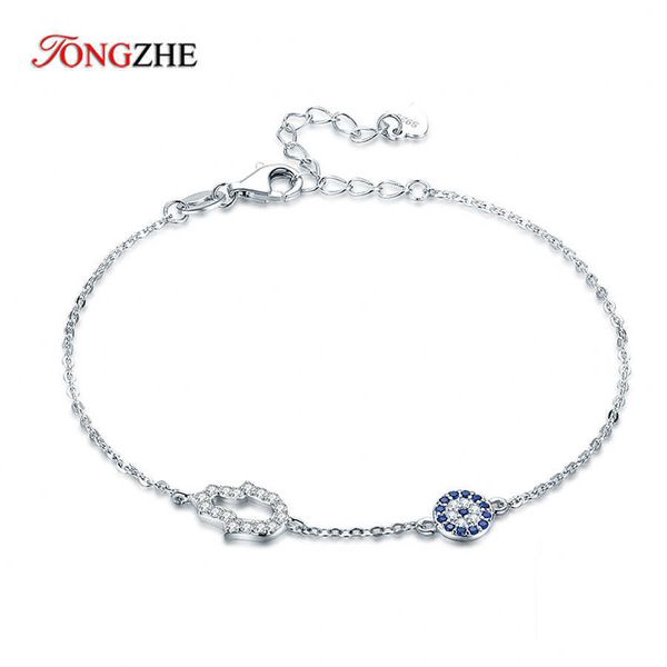 TONGZHE Mano di Hamsa Evil Eye Braccialetto di Fascino Sterling Sier Luck Blu CZ Braccialetti a catena per le donne Gioielli turchihkd2306