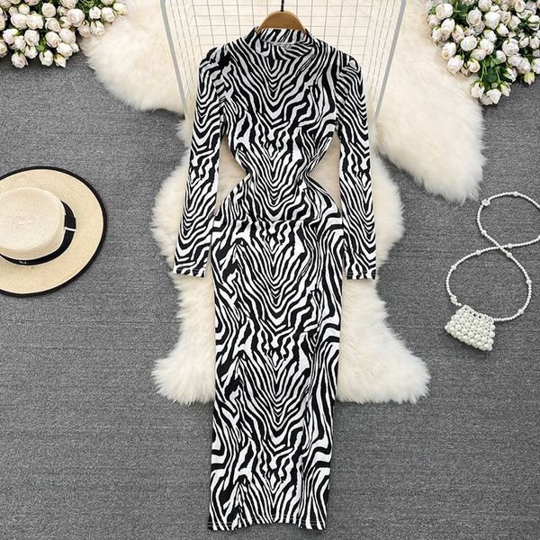 Vestidos Casuais Gola Longa Vestido Midi Mulher Zebra Estampado Vintage Y2K Partu Club Feminino Chic Coreano Street Vestidos Lady