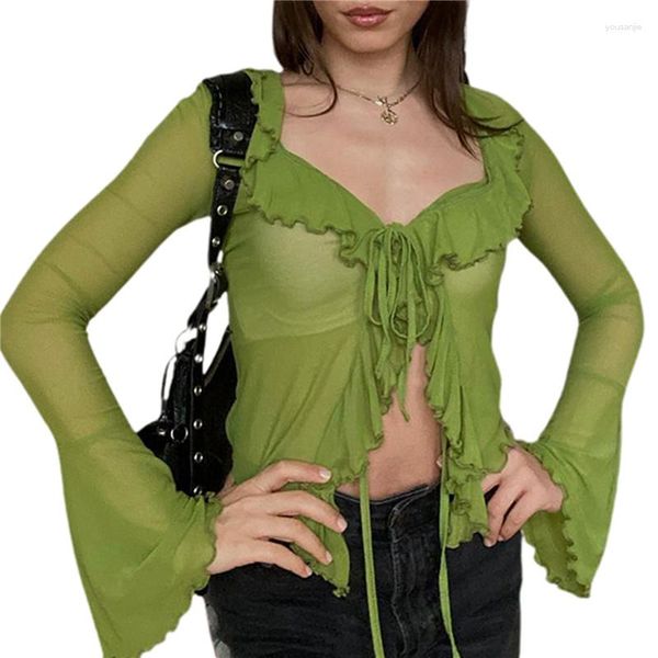 Damenblusen, Feen-Grunge-Bluse, 2000er-Jahre-Frauen, einfarbig, Rüschen, ausgestelltes Langarm-Crop-Top, durchsichtiges Mesh-Cardigan-Shirt, Y2k-Kleidung