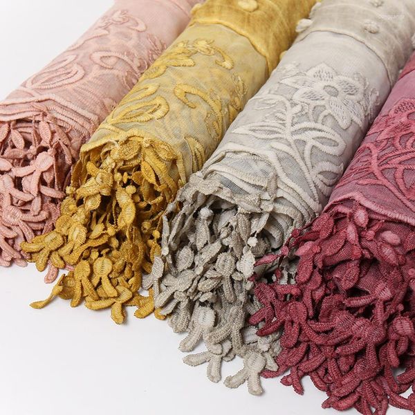 Шарфы вышивка помпы хлопковое шарф хиджаб кружев цветочные платки для кисточки для кисточки женщины -мусульманская турбанская сетка