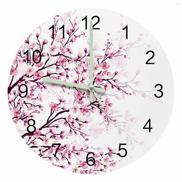 Relógios de parede Flor de cerejeira Ramo de ameixa Flor rosa Branco Ponteiro luminoso Relógio Enfeites para casa Redondo Silencioso Decoração de sala de estar