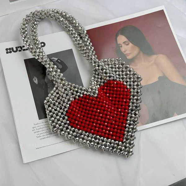 Chai Jie Love Bag a forma di pesca Trend fatto a mano con perline galvanizzato argento perline tessitura cuore rosso borsa a spalla monospalla 230625