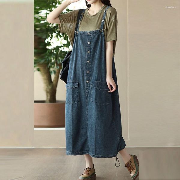 Abiti casual NINI WONDERLAND 2023 Summer Cotton Denim Strap Dress Donna senza maniche Spaghetti stile coreano