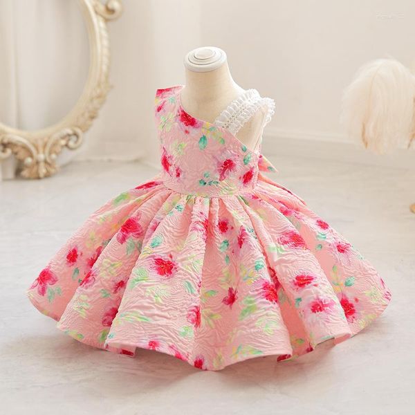 Vestidos de menina Rosa Vestido de bebê floral Aniversário de 1 ano Vestidos de princesa Tutu Um ombro Criança Crianças Festa de casamento 1ª comunhão Roupas 1-6