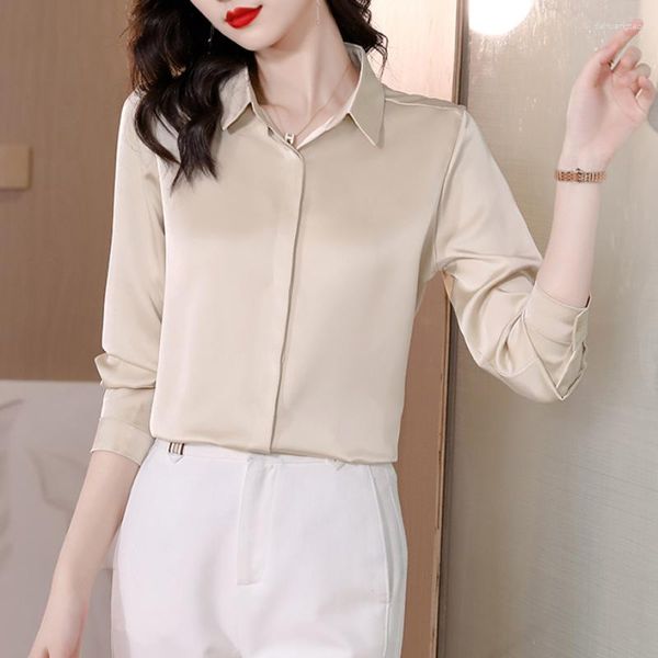 Женские блузки 2023 Silk Coverd Button Button Женская рубашка мода пятно пятно с длинными рукавами женская элегантная сплошная офис