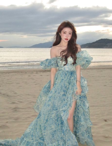 Kadın Çöp Boyun Kısa Kollu Mavi Çiçek Baskı Yüksek Bel Maksi Uzun Organza Balo Pist Elbisesi Plaj Tatil Vestidos Sml