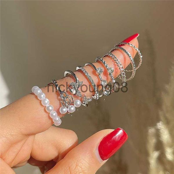 Anelli a fascia Fashion Hollow Butterfly Ring Set 9PCS Elegante vintage Crystal Women Finger Cute Pearl Jewelry Wedding Party Gift x0625