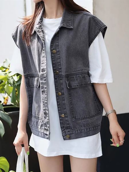 Bf Coreano Grande Tasca Monopetto Denim Gilet Per Le Donne Classico Senza Maniche Streetwear Denim Cappotti 2023 Casual Allentato Top