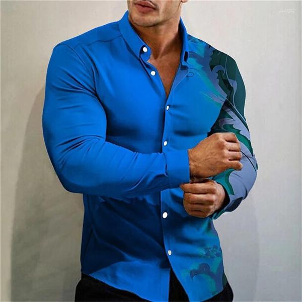 Camisas casuais masculinas 2023 última moda masculina luxo social manga longa estampa floral gola polo camisa de peito único