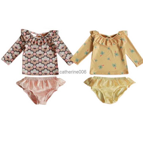 Bebek kız mayo sevimli prenses yüzme giyim 2pcs plaj mayo çiçek baskı mayo toddler uzun kollu kostüm 2022 yaz l230625