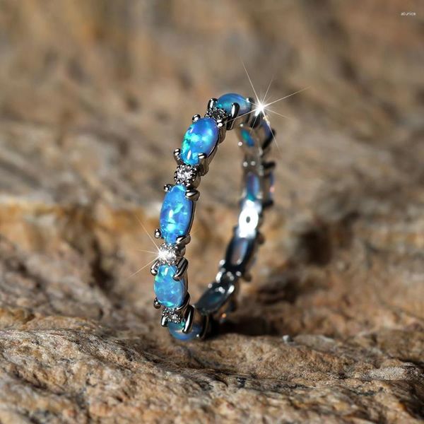 Hochzeit Ringe Luxus Braut Kleine Oval Stein Blau Weiß Feuer Opal Ring Silber Farbe Zirkon Liebhaber Bands Stapeln Für frauen Schmuck