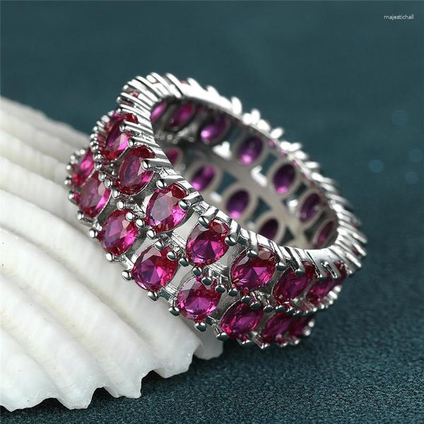 Anéis de casamento lindo feminino rosa cristal vermelho anel de pedra oval dupla fileira zircão noivado clássico cor prata para mulheres